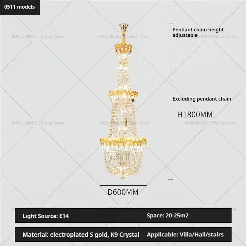 Gold electroplated decorbites crystal chandelier with cascading tiers of k9 crystal for luxury duplex stairwell design