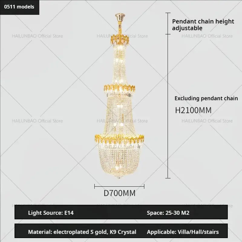 Gold electroplated decorbites crystal chandelier with cascading k9 crystal tiers for elegant villa or hall lighting