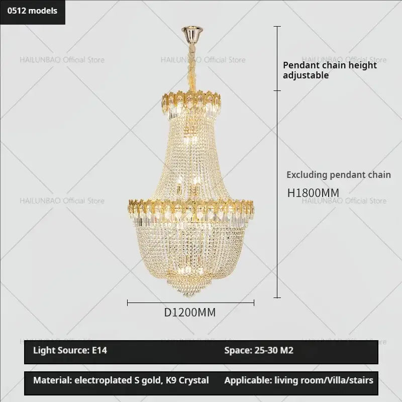 Gold electroplated decorbites crystal chandelier adorned with k9 crystal for luxury duplex hotel stairwell design
