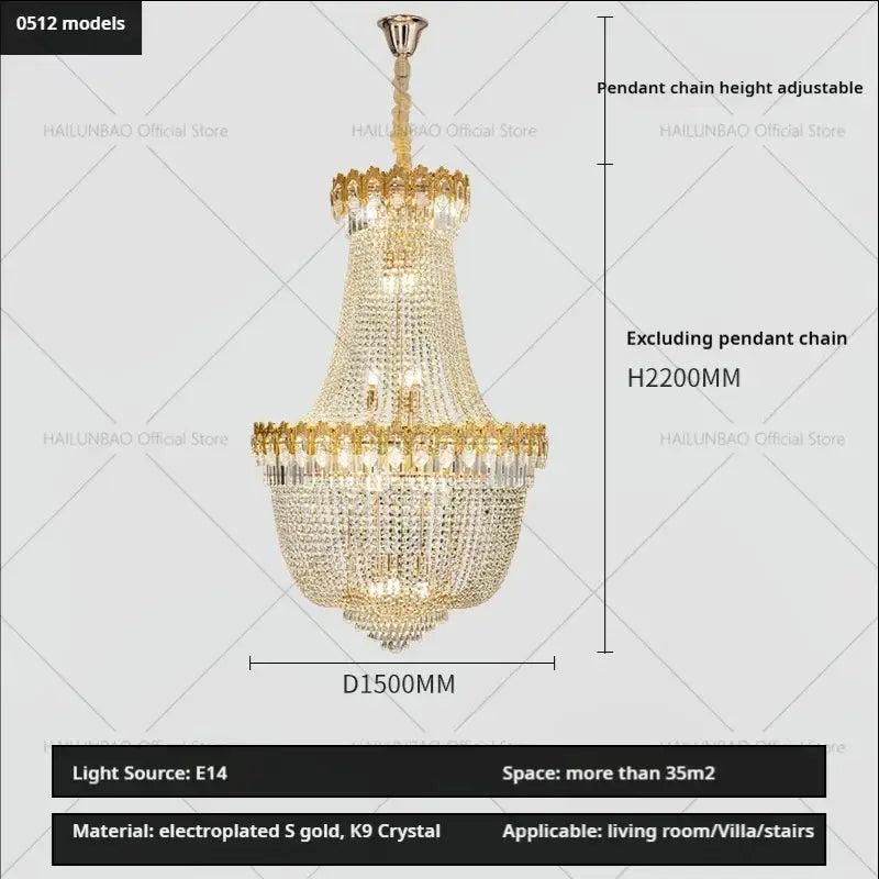 Luxurious two-tiered gold electroplated decorbites crystal chandelier with k9 crystal droplets for grand spaces