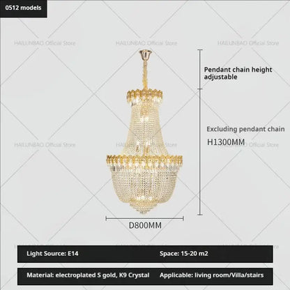Gold electroplated decorbites crystal chandelier with cascading k9 crystal tiers for luxury hotel stairwell design