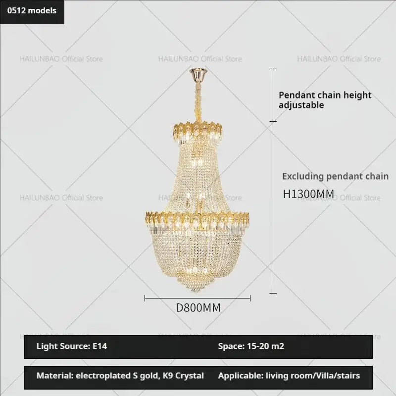 Gold electroplated decorbites crystal chandelier with cascading k9 crystal tiers for luxury hotel stairwell design