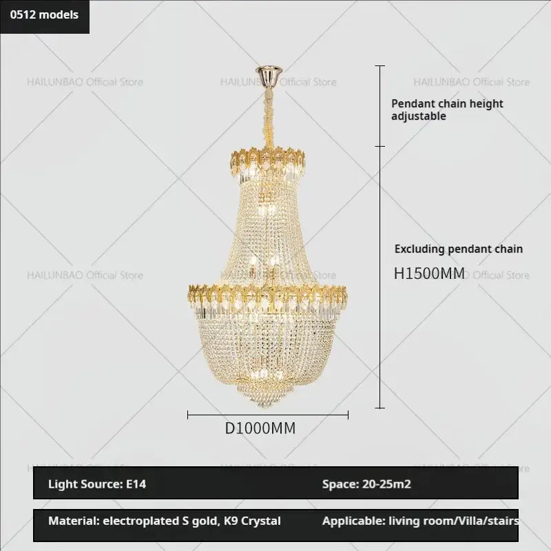 Luxurious gold-plated decorbites crystal chandelier with cascading clear k9 crystal tiers for elegant villa living rooms