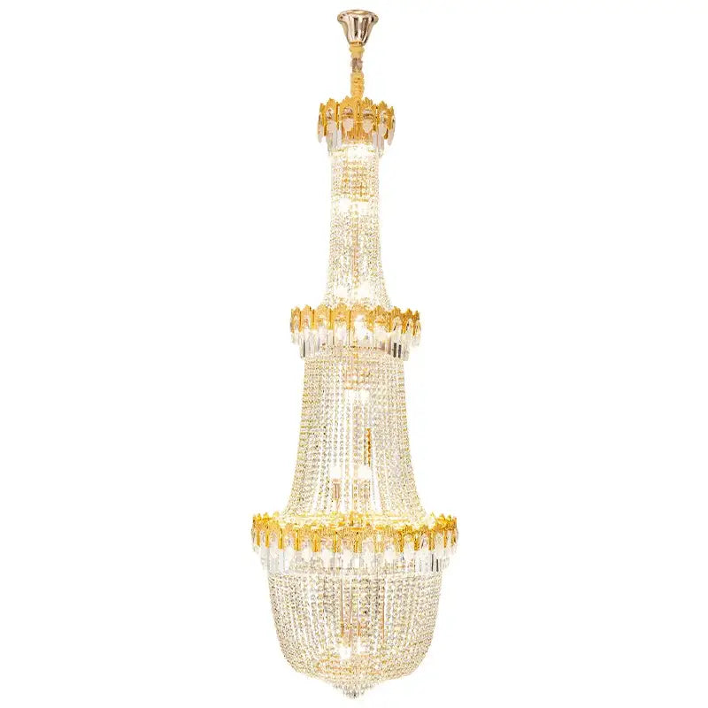 Decorbites crystal chandelier with multi-tiered gold-toned metal and cascading clear crystals for luxury stairwell design
