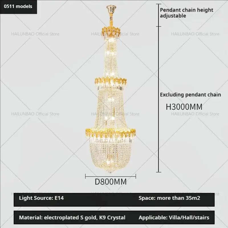 Golden decorbites crystal chandelier with multi tier sparkling k9 crystal and electroplated s gold accents for hotel stairwell