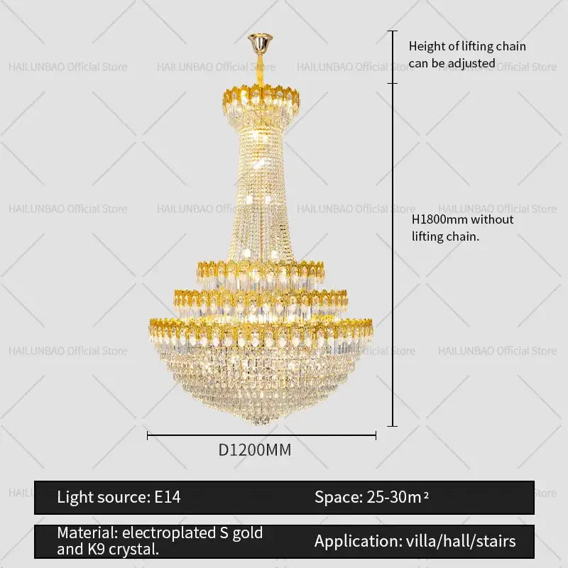Elegant multi-tiered decorbites crystal chandelier with gold electroplated finish and k9 crystal accents for luxury living rooms