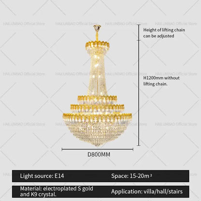 A decorbites crystal chandelier with gold electroplated frame and k9 crystal droplets for elegant villa lighting