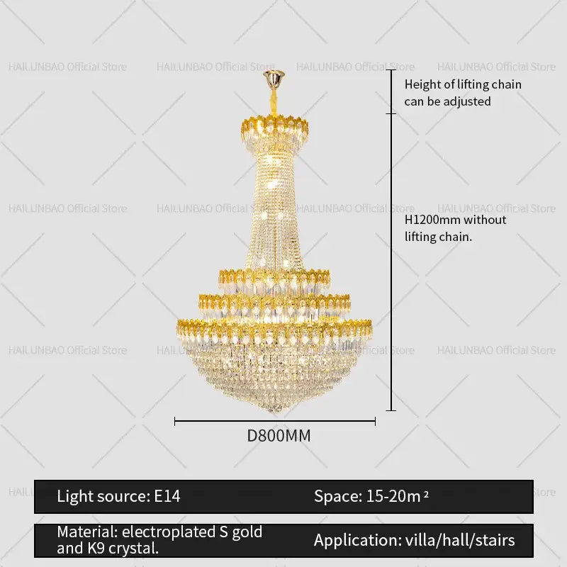 A decorbites crystal chandelier with gold electroplated frame and k9 crystal droplets for elegant villa lighting