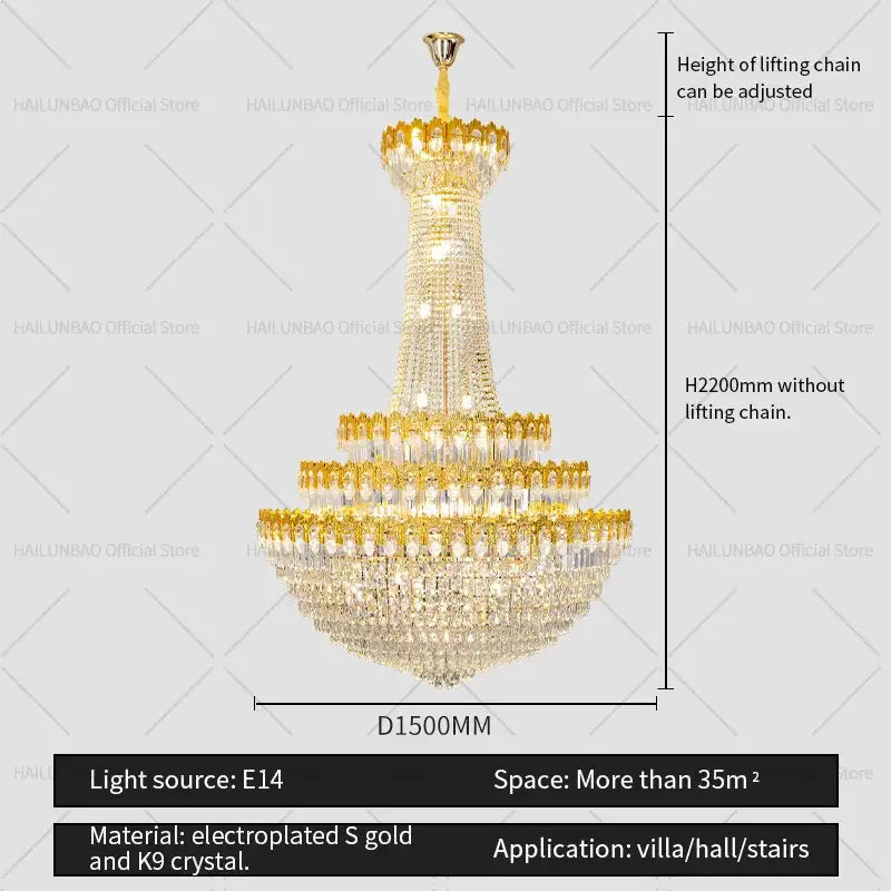 Golden electroplated decorbites crystal chandelier with k9 crystal tiered design for luxury european living room lighting