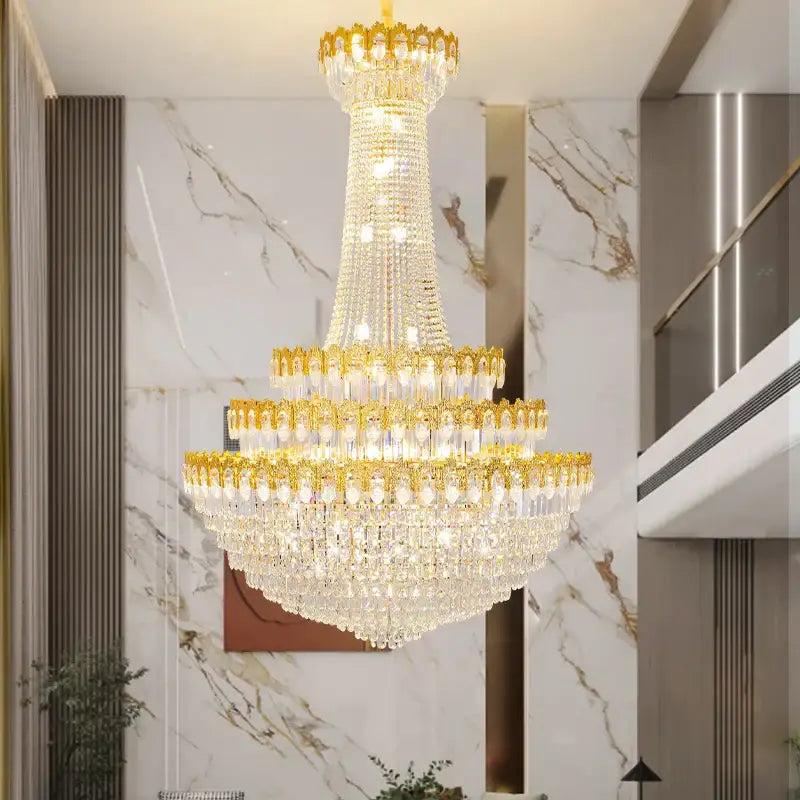 DecorBites crystal chandelier with multi-tiered clear crystals and gold-toned metal for luxury European living rooms