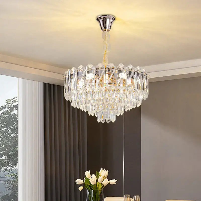 DecorBites crystal chandelier with chrome finish and cascading clear glass prisms for elegant living room and dining area