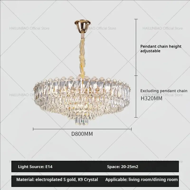 Elegant gold-toned decorbites crystal chandelier with cascading k9 crystals for luxury living room and dining area lighting