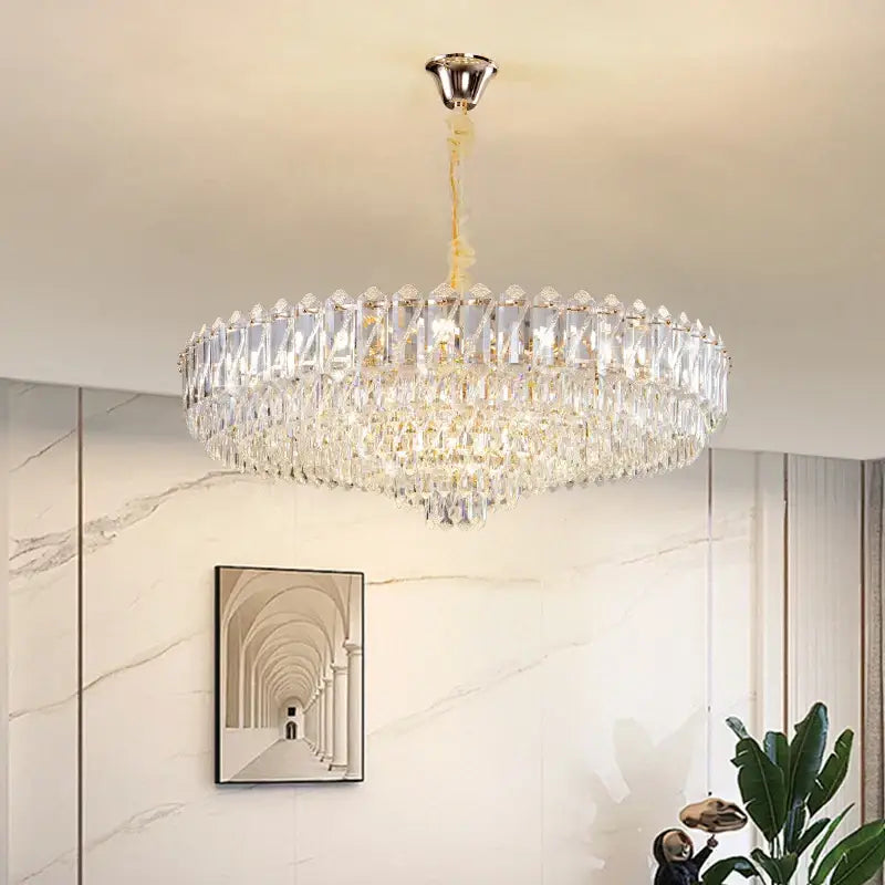 DecorBites crystal chandelier with polished chrome fixture and faceted clear crystals for elegant living room lighting