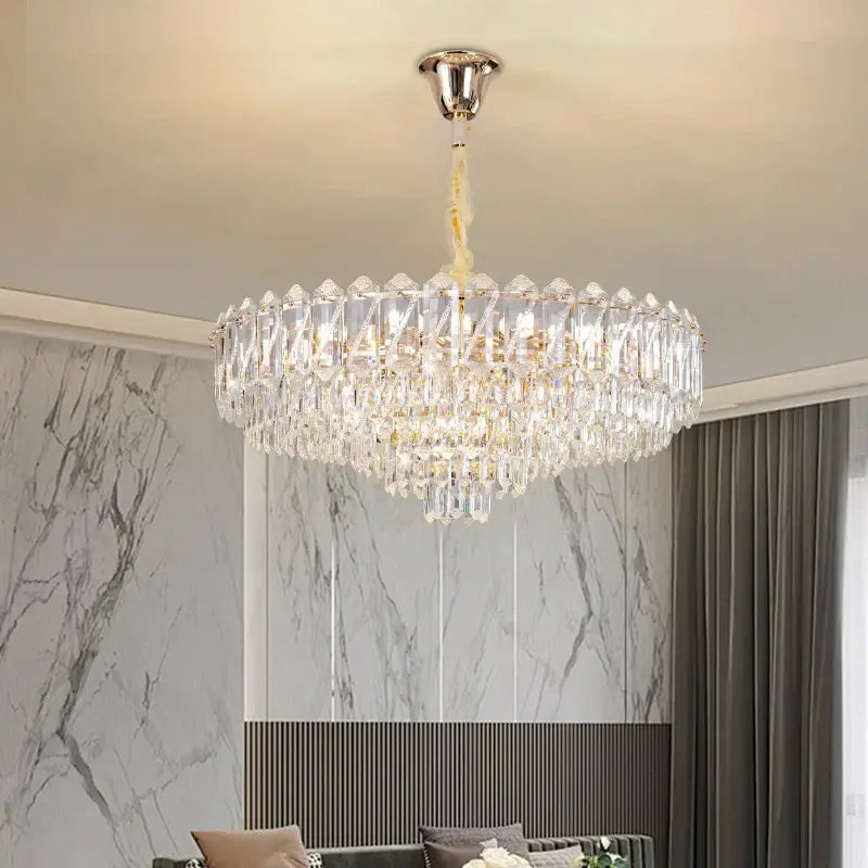 Luxury decorbites crystal chandelier with polished chrome mount and clear faceted crystals for elegant living room decor