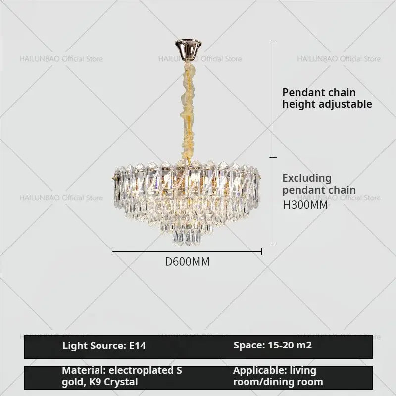 Decorbites crystal chandelier with gold electroplated finish and k9 crystal prisms for elegant living room lighting