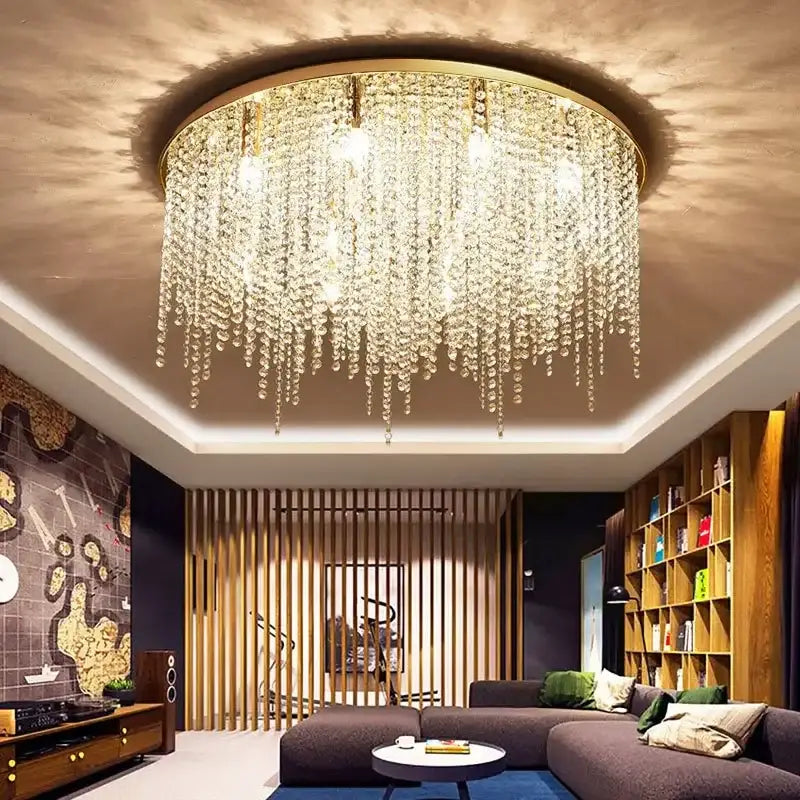 A decorbites crystal chandelier with a gold-toned frame and cascading glass beads for luxury ceiling lighting