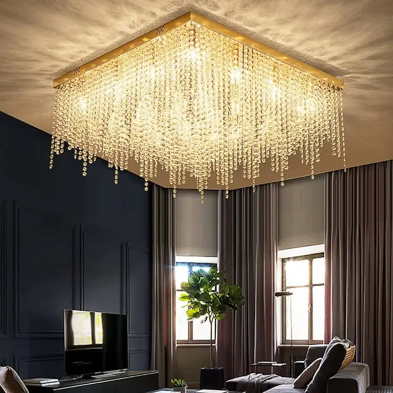 Gold-framed decorbites crystal chandelier with cascading crystal droplets led square ceiling light fixture for living room