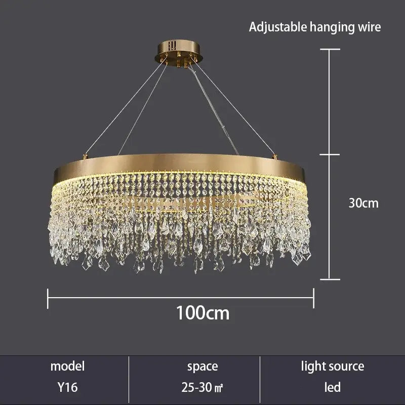 Decorbites crystal chandelier gold toned circular design with cascading clear crystal droplets and led lighting ceiling pendant