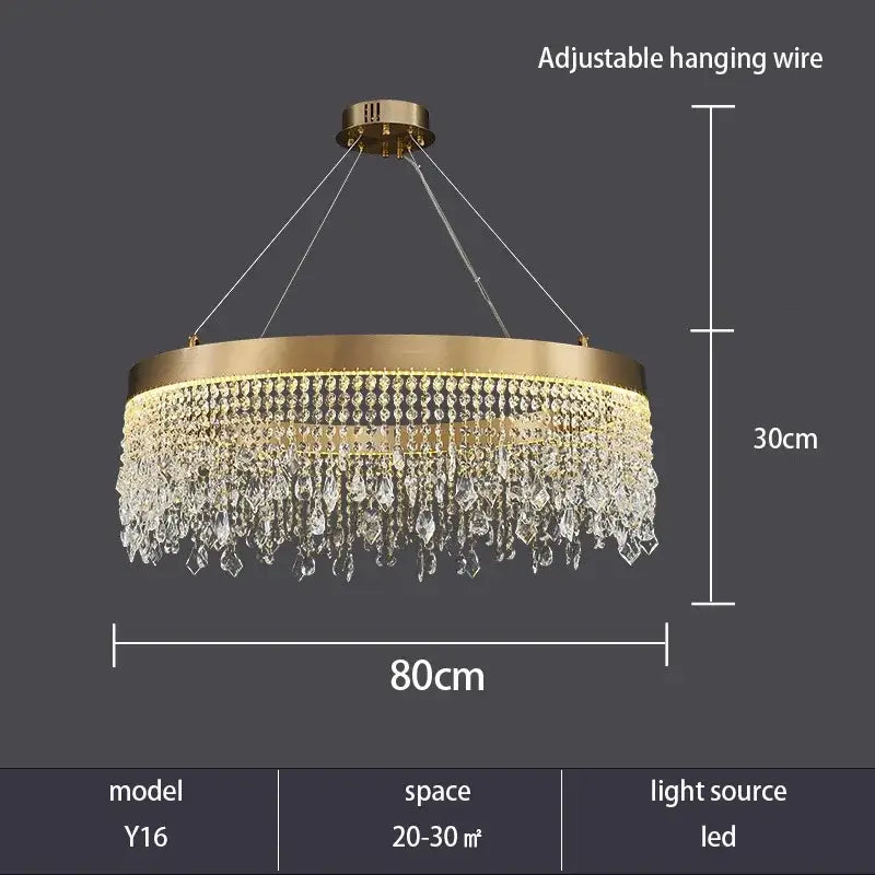 Decorbites crystal chandelier gold tone circular design with cascading crystal droplets and led lighting ceiling pendant light