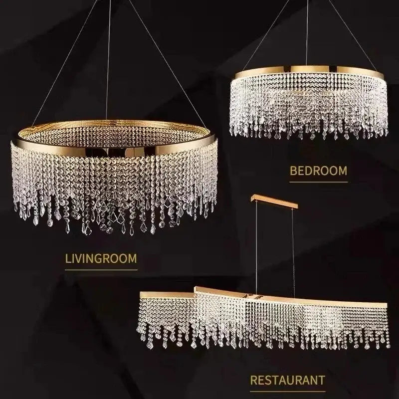 DecorBites crystal chandelier luxury gold LED circle ceiling pendant with clear crystal droplets for living room or restaurant