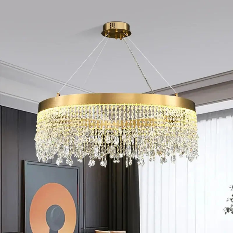 Gold-toned decorbites crystal chandelier with cascading clear crystal droplets luxury led circle ceiling pendant light