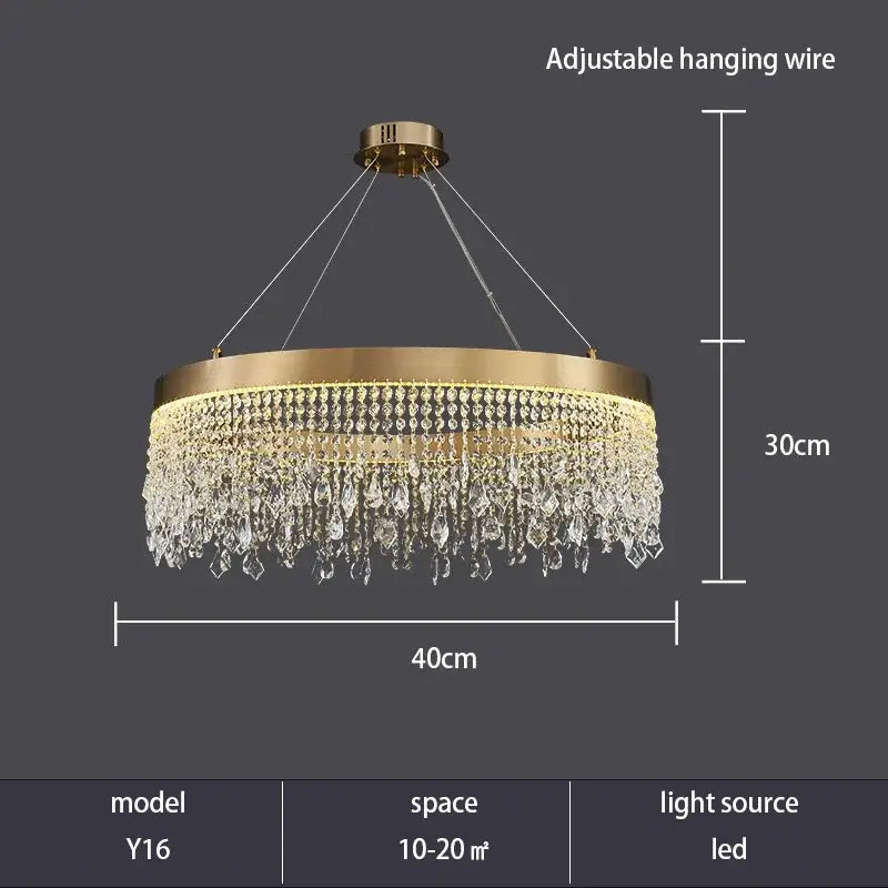 Gold-toned circular decorbites crystal chandelier with cascading clear crystal droplets and led lighting ceiling pendant light