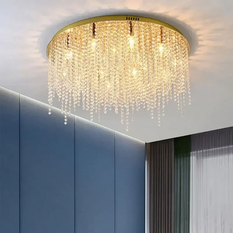 Gold-toned decorbites crystal chandelier with cascading clear crystal beads luxury square ceiling light fixture