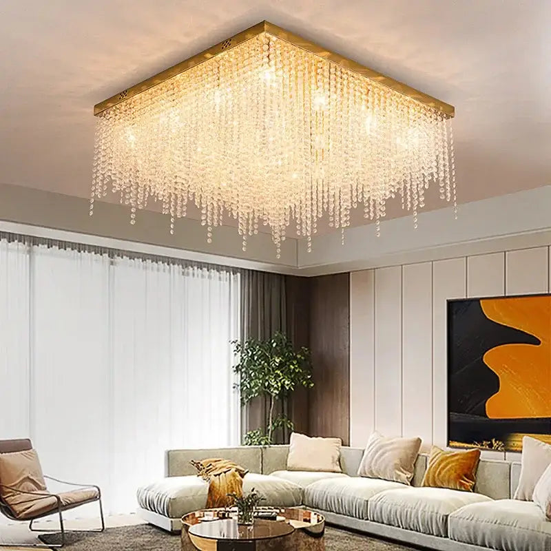 DecorBites crystal chandelier with gold frame and clear glass droplets luxury square ceiling light for living room and bedroom