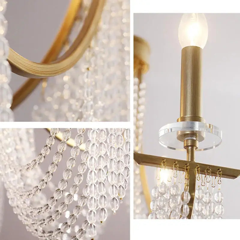 Gold-toned DecorBites crystal chandelier with cascading clear crystal beads and central candle-style bulb for indoor decor