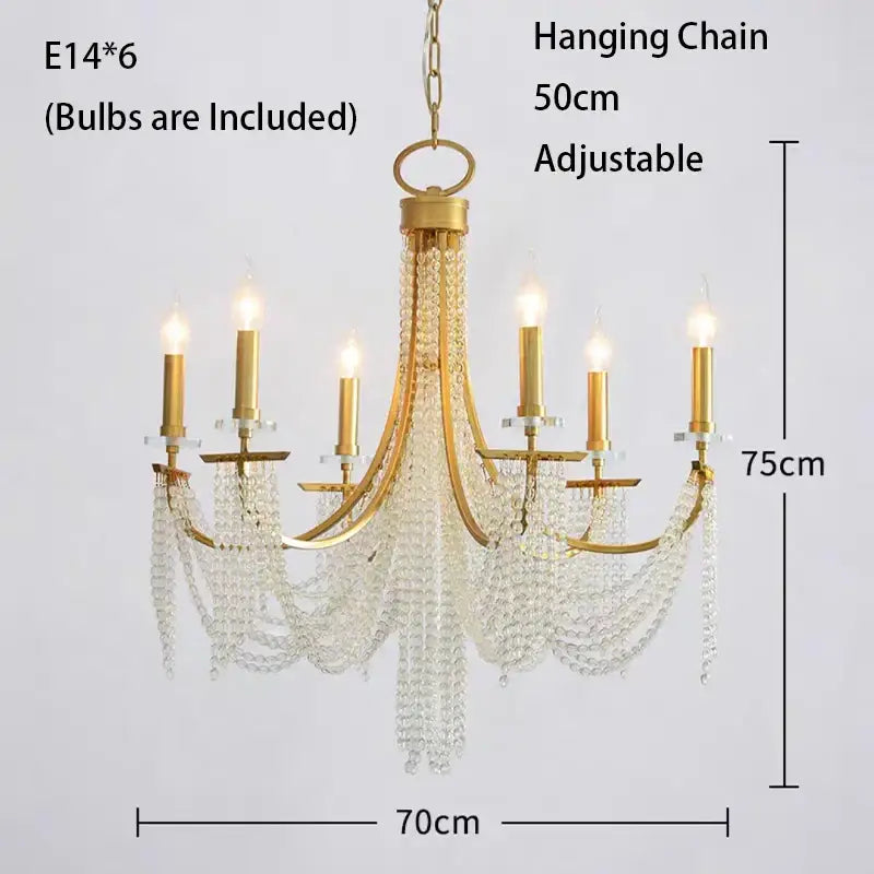 Gold-finished decorbites crystal chandelier with six candle-style bulbs and cascading clear crystal beads for indoor decor