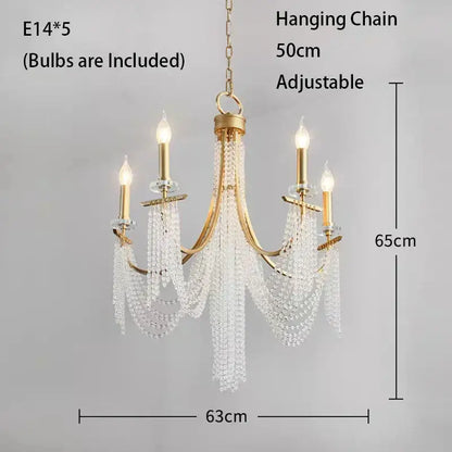 DecorBites crystal chandelier gold-toned with five candle-style bulbs and cascading clear crystal beads for romantic decor