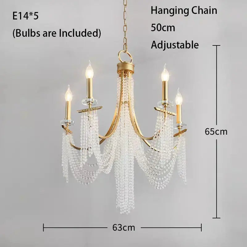 DecorBites crystal chandelier gold-toned with five candle-style bulbs and cascading clear crystal beads for romantic decor