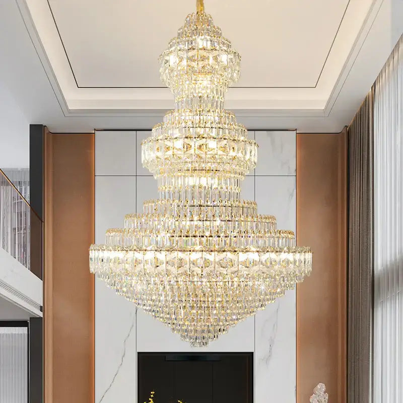 Decorbites crystal chandelier with gold-finished frame and cascading clear faceted crystals for luxury living room lighting
