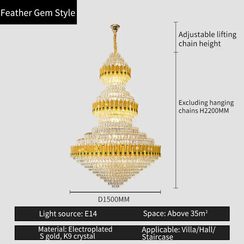 Feather gem style decorbites crystal chandelier with tiered gold electroplated frame and k9 crystal accents for luxury living room