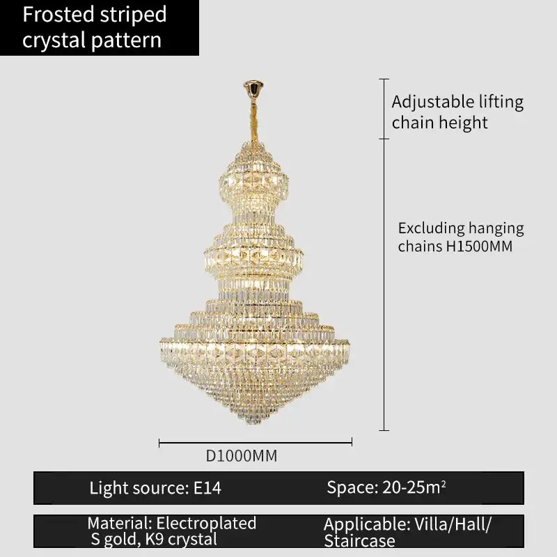 A decorbites crystal chandelier with a frosted striped k9 crystal pattern and electroplated gold finish for luxury living rooms