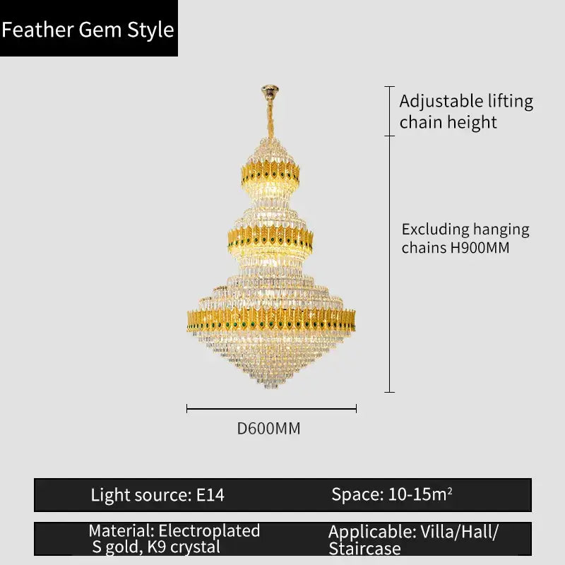 Feather gem style decorbites crystal chandelier with tiered electroplated gold and k9 crystal for luxury living room