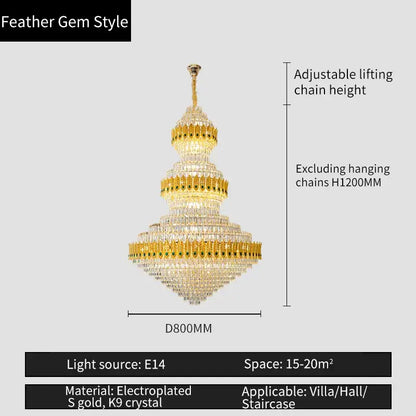 Golden feather gem style decorbites crystal chandelier with layered crystal tiers and gold electroplated frame for luxury living room