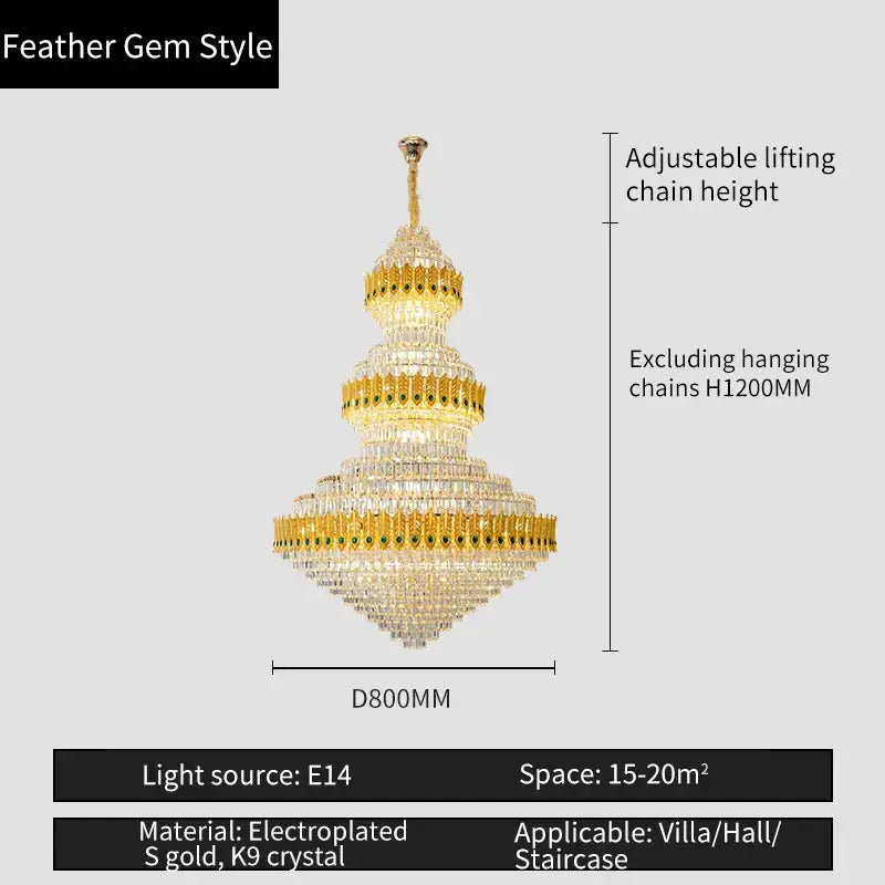 Golden feather gem style decorbites crystal chandelier with layered crystal tiers and gold electroplated frame for luxury living room