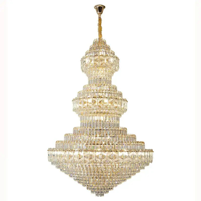 Decorbites crystal chandelier with gold-finished metal frame and cascading clear faceted crystals for luxury living room