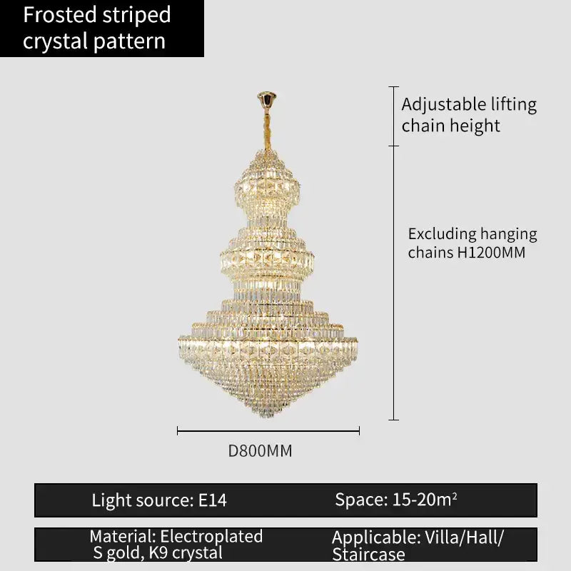 Decorbites crystal chandelier with multi-tiered frosted striped k9 crystal and electroplated gold for luxury living room