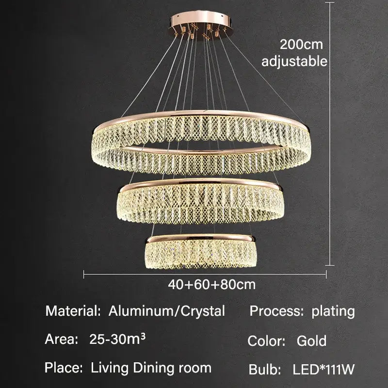 Gold-plated aluminum and crystal DecorBites crystal chandelier with three concentric rings for luxury LED lighting