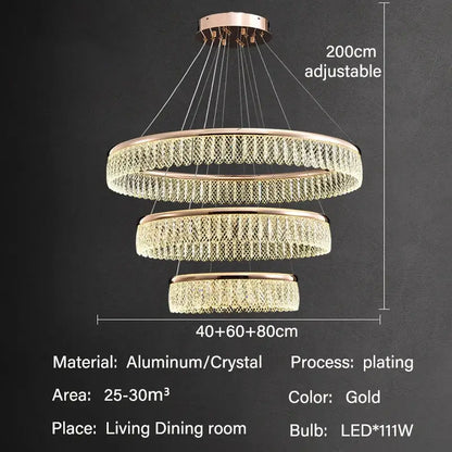 Gold-plated aluminum and crystal DecorBites crystal chandelier with three concentric rings for luxury LED lighting