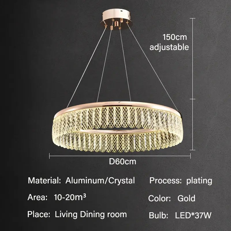 Gold-plated decorbites crystal chandelier with mesh design, adjustable 150cm drop, 60cm diameter for luxury lighting