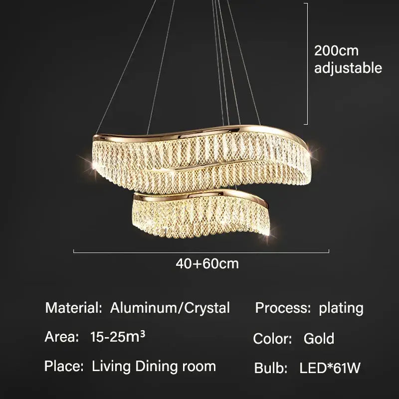 Gold-plated aluminum and crystal decorbites crystal chandelier with modern swirling double-ring design for luxury lighting
