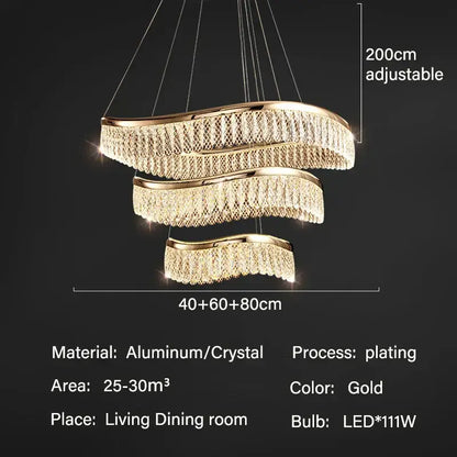 Gold-plated aluminum and crystal decorbites crystal chandelier with modern layered spiral design for luxury LED lighting