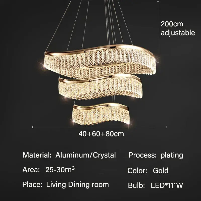 Gold-plated aluminum and crystal decorbites crystal chandelier with modern layered spiral design for luxury LED lighting