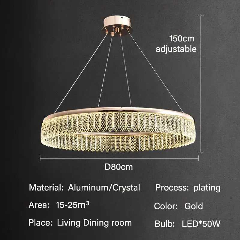 Gold-plated decorbites crystal chandelier with mesh crystal design, 80cm diameter, adjustable to 150cm for luxury lighting