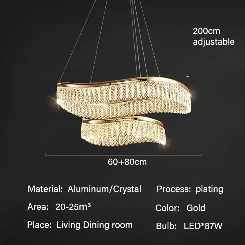 Gold-plated aluminum and crystal decorbites crystal chandelier with modern swirling double-ring design for luxury lighting