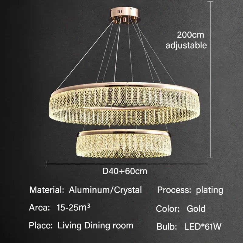 Gold-plated double-ring decorbites crystal chandelier with cascading crystal strands for luxury led lighting