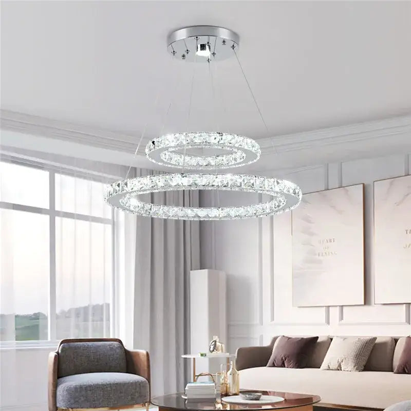 Modern decorbites crystal chandelier with double-ring clear crystal accents and chrome finish for living and dining room lighting